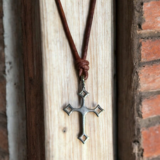Gothic Medieval Cross Necklace - Bronze on Leather Cord
