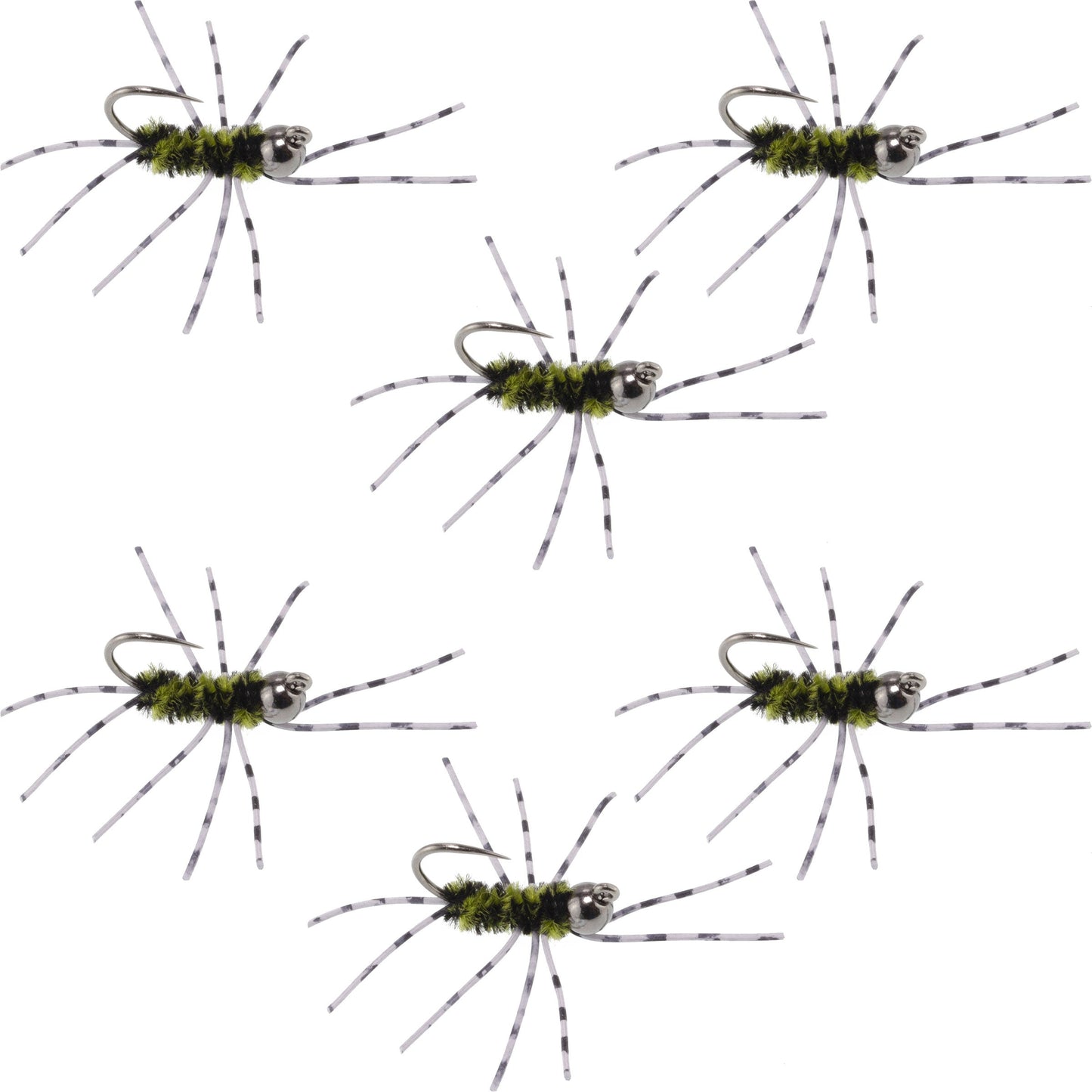 Barbless Pat's Barred Rubber Legs Tungsten Bead Jigged Black/Olive Euro Nymph  - Set of 6 Flies Hook Size 6