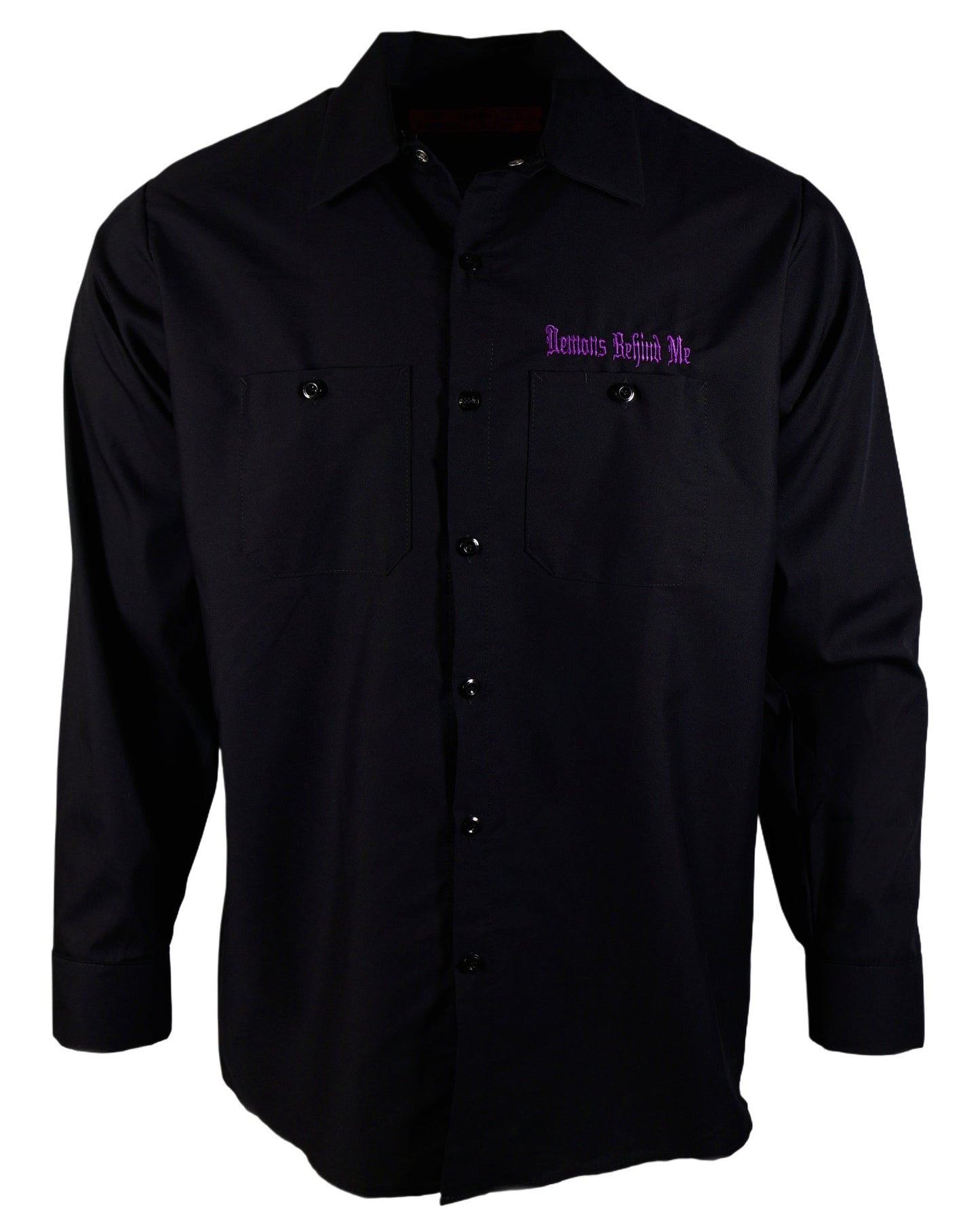 Closeout - Men's Long Sleeve Black Embroidered Shop Shirt - Purple Logo