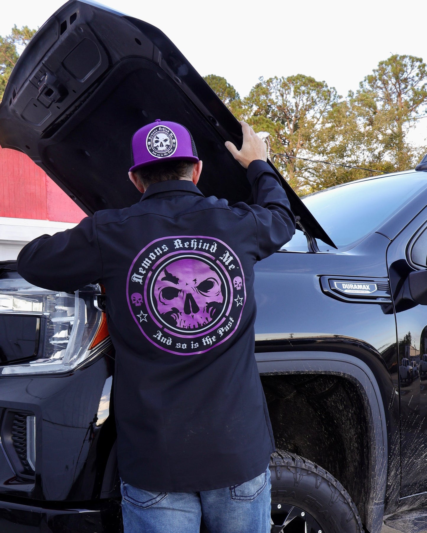 Closeout - Men's Long Sleeve Black Embroidered Shop Shirt - Purple Logo