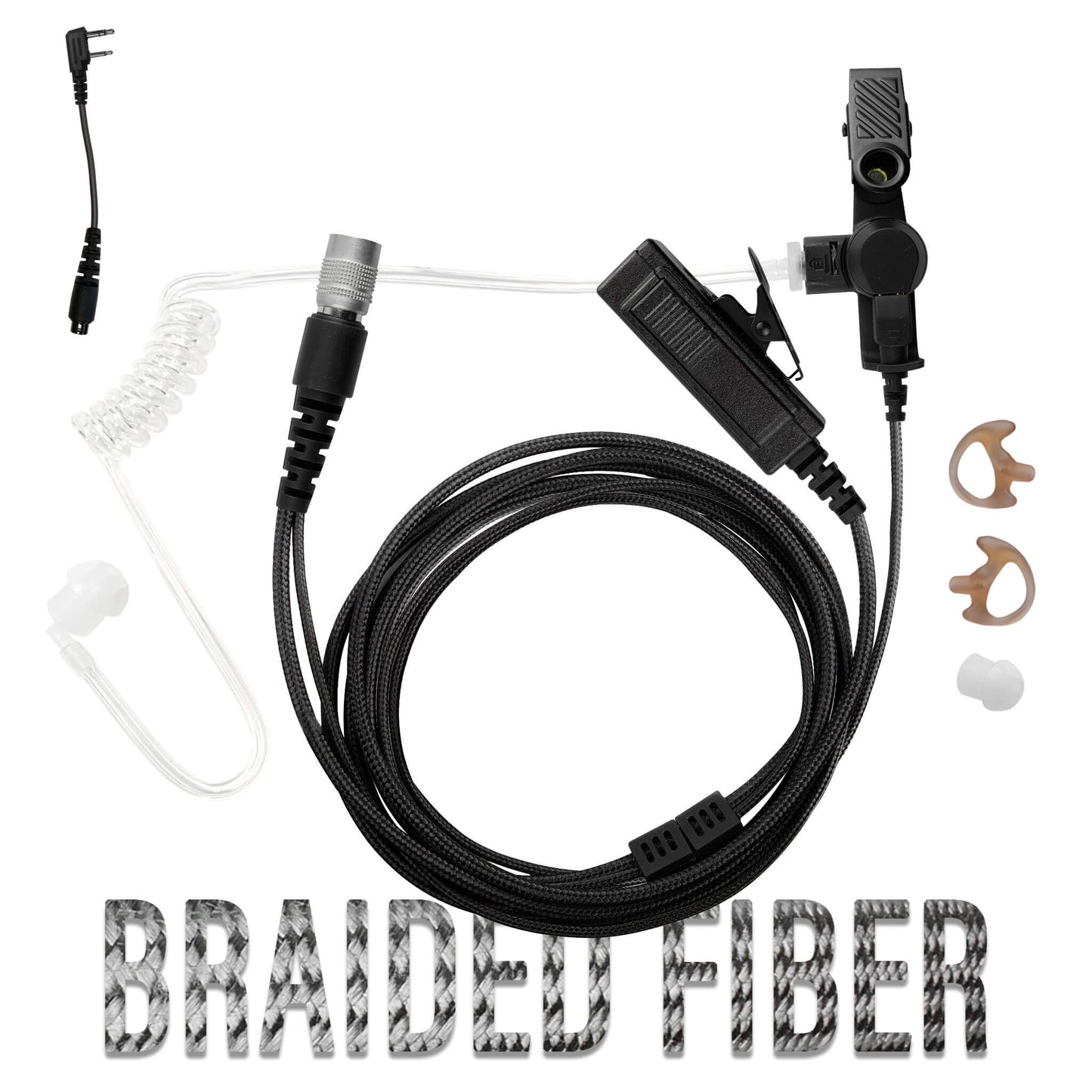 Tactical Braided Fiber Mic & Tube Earpiece Kit w/ Quick Disconnect (Hirose) Connector - Kenwood TK & NEXEDGE (NX) 2-Pin, Baofeng, BTECH, Rugged Radios, Diga-Talk, TYT, AnyTone, Alinco, Relm/BK Radio, Quansheng, Wouxon, Retevis