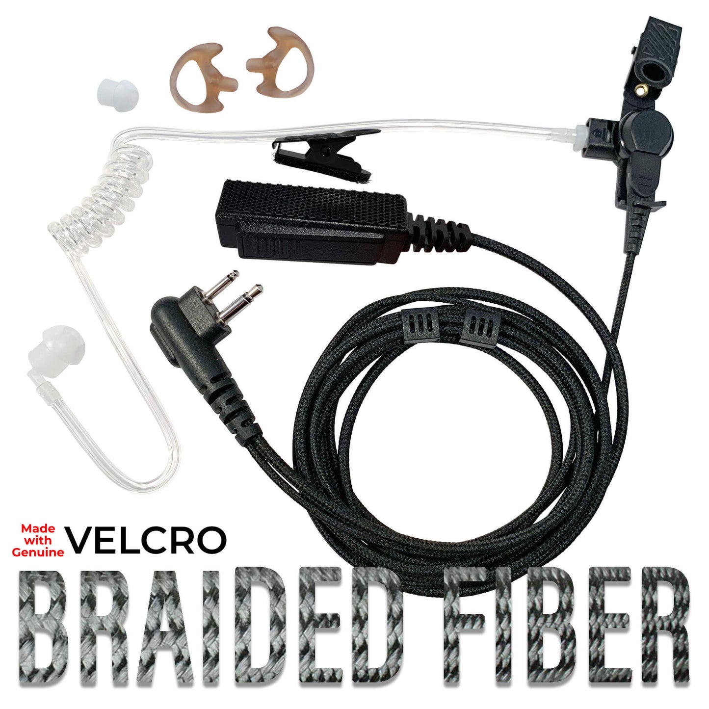 Velcro Tactical/Professional Mic & Earpiece Braided Fiber Kit- 2 Pin Motorola HYT Tekk BearCom Blackbox & More