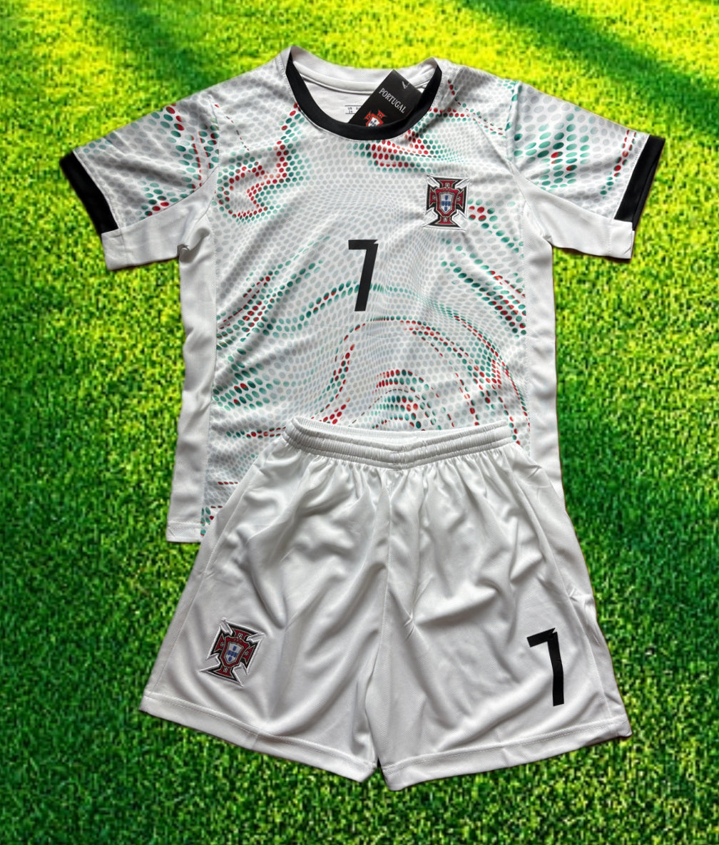Ronaldo Portugal 2025 Away White Kids Soccer Jersey Kit 2 Piece Set