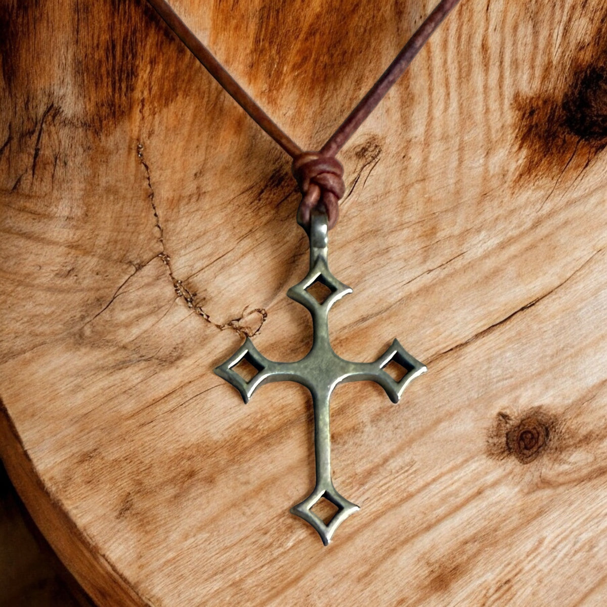 Gothic Medieval Cross Necklace - Bronze on Leather Cord