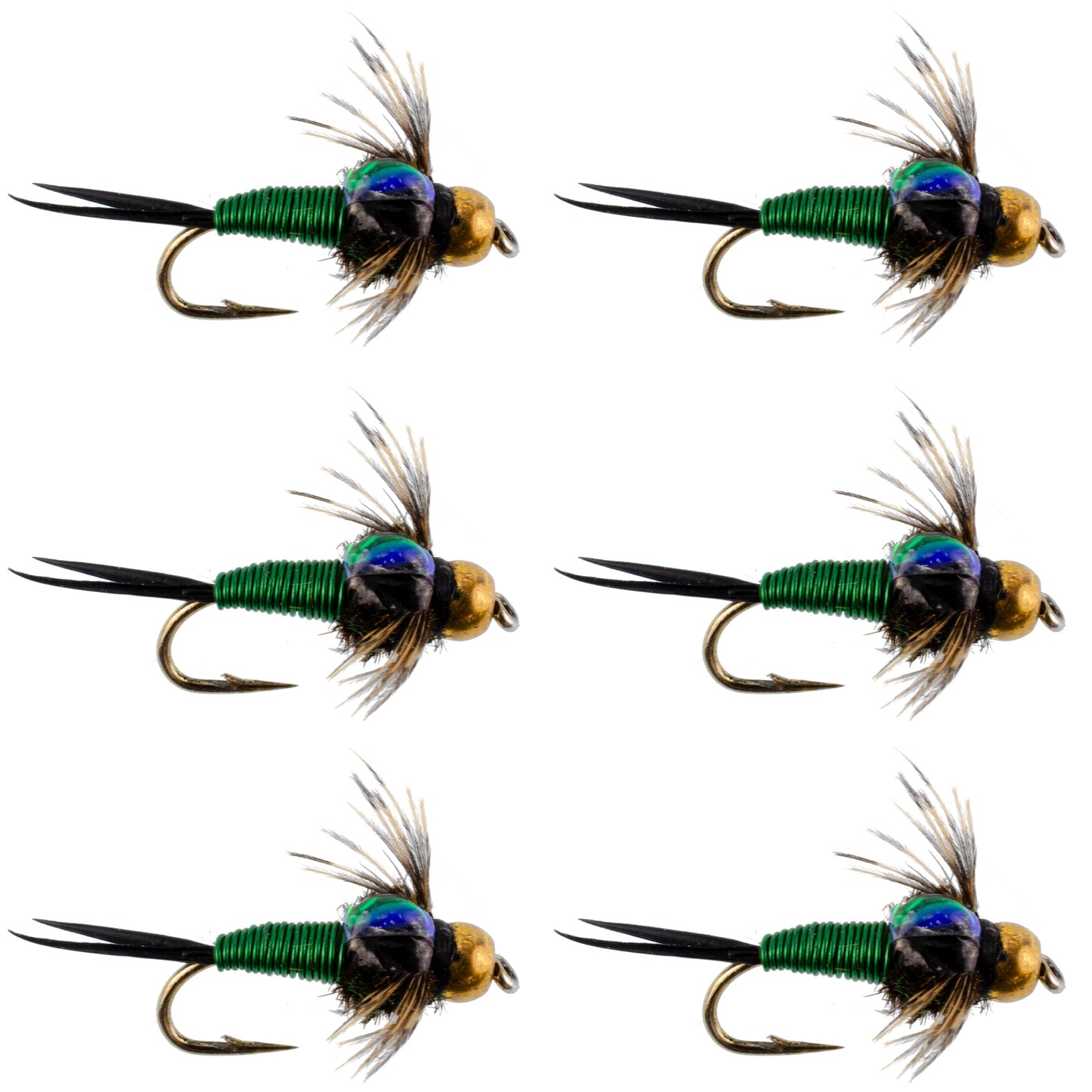 Bead Head Green Copper John Nymph Fly Fishing Flies - Set of 6 Flies Hook Size 14