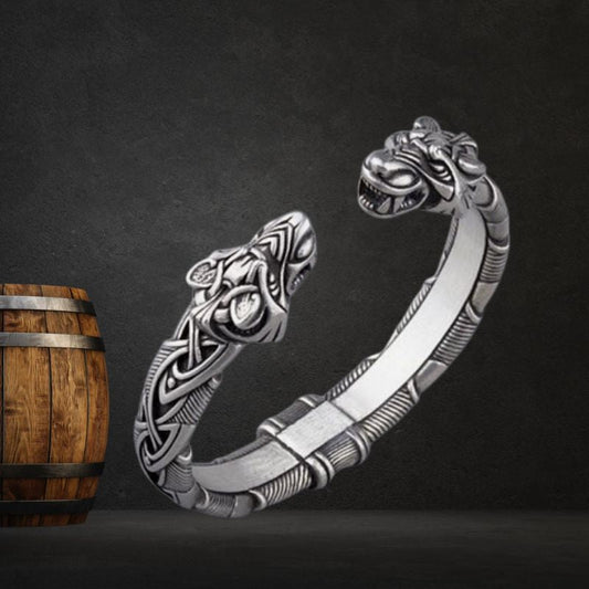 Premium Sterling Silver Norse Metal Arm Ring With Wolf Heads