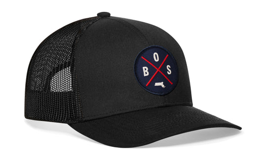 Boston Trucker Hat  |  Navy-Red BOS X  |  Black Snapback