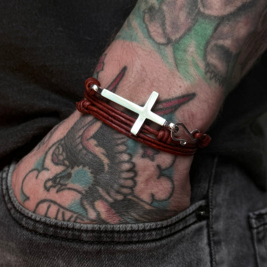 FAITH Classic Cross Bracelet - Sterling Silver on Leather Cord