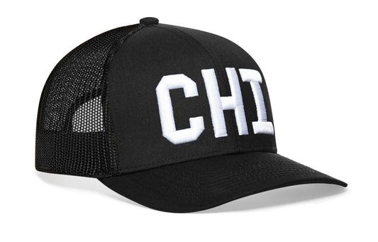 Chicago White Block Trucker Hat  |  Black Illinois Snapback