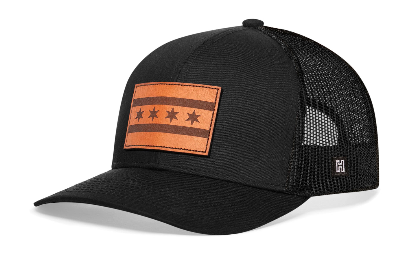 Chicago Flag Trucker Hat Leather  |  Black City Snapback
