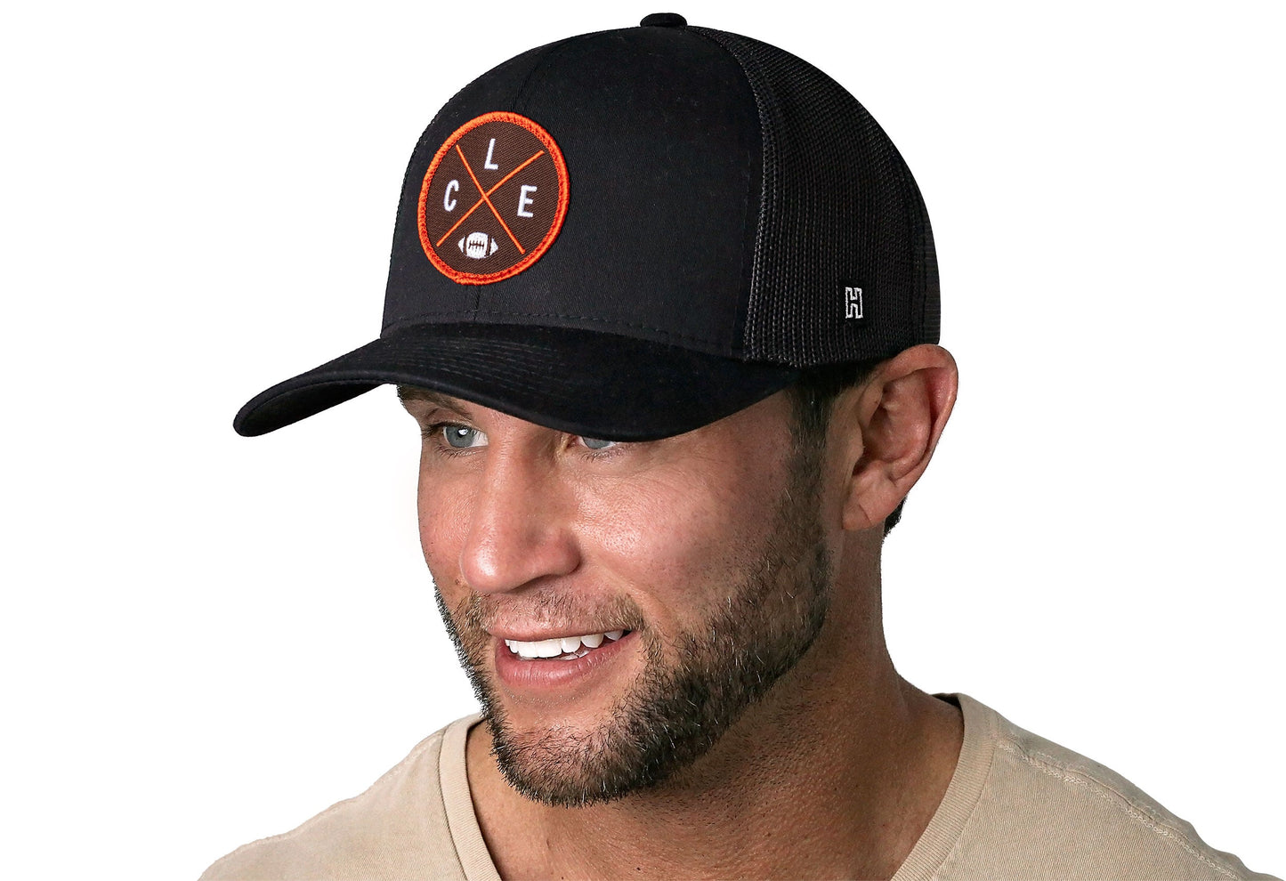Cleveland Trucker Hat  |  Black CLE X Football Snapback
