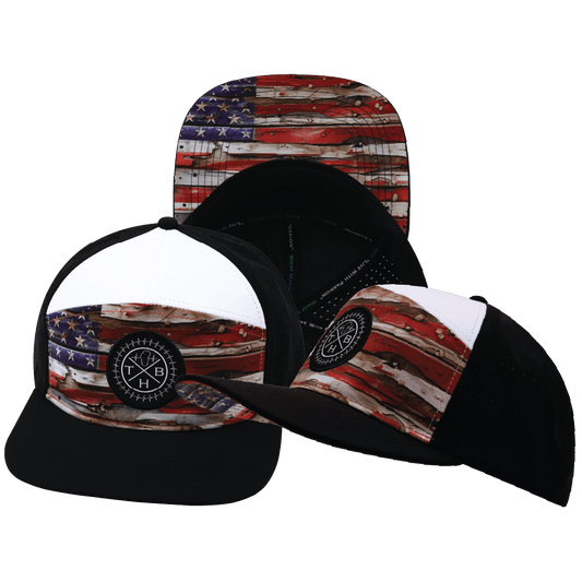 **ADULT** Color Vibes Hat - Flat Bill - Vintage Flag - Black / White - Laser Mesh