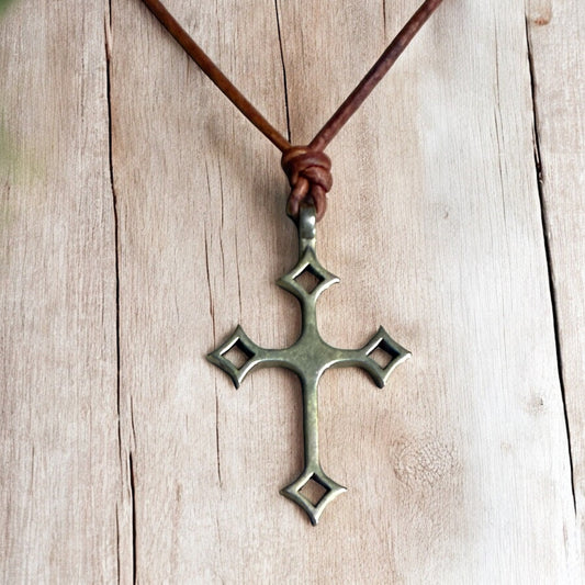 Gothic Medieval Cross Necklace - Bronze on Leather Cord