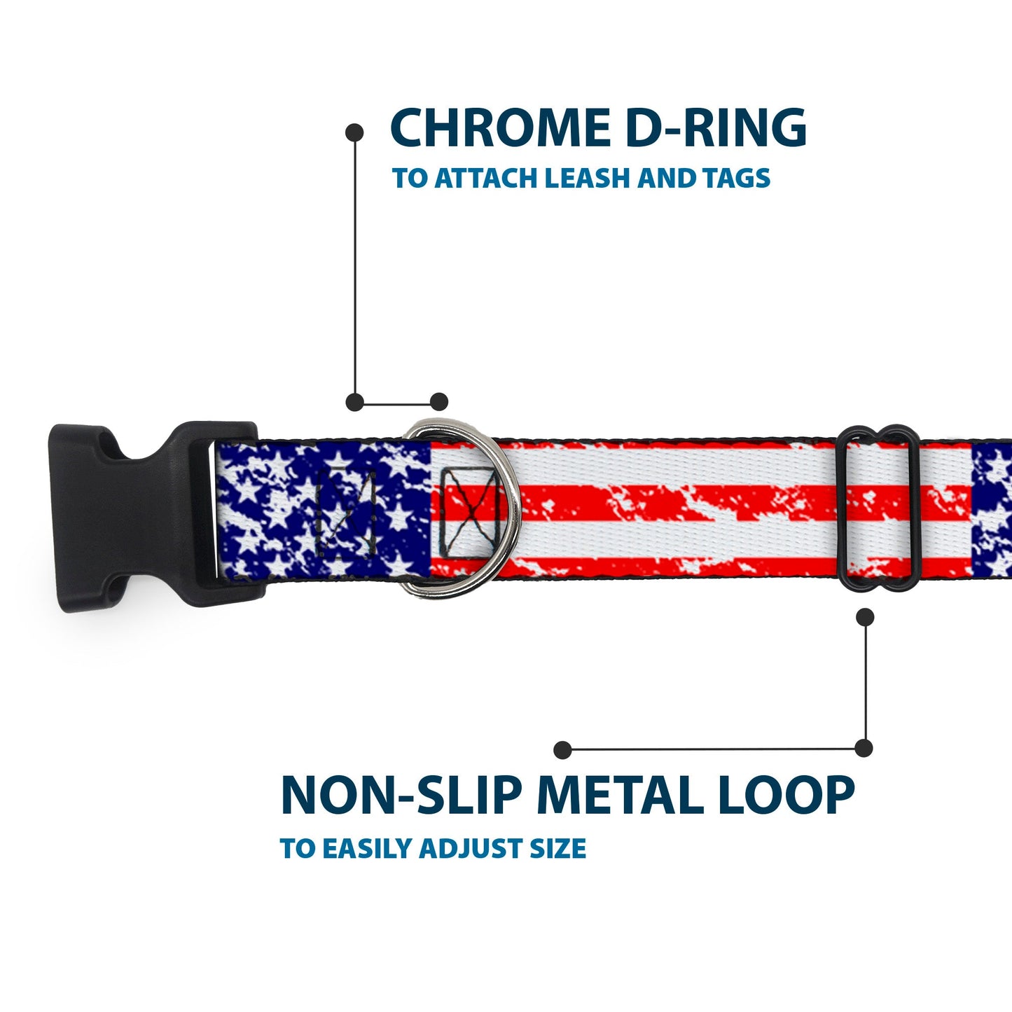 Plastic Clip Collar - United States Flags CLOSE-UP Weathered
