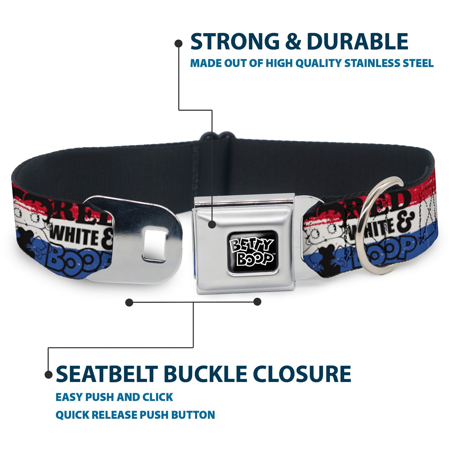 BETTY BOOP Text Heart Logo Full Color Black/White Seatbelt Buckle Collar - Betty Boop RED WHITE & BOOP Pose Americana Stripe Red/White/Blue/Black
