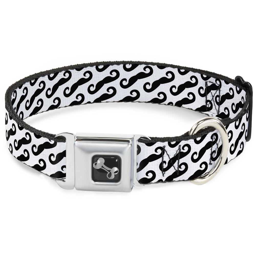 Dog Bone Seatbelt Buckle Collar - Diagonal Handlebar Mustaches White/Black
