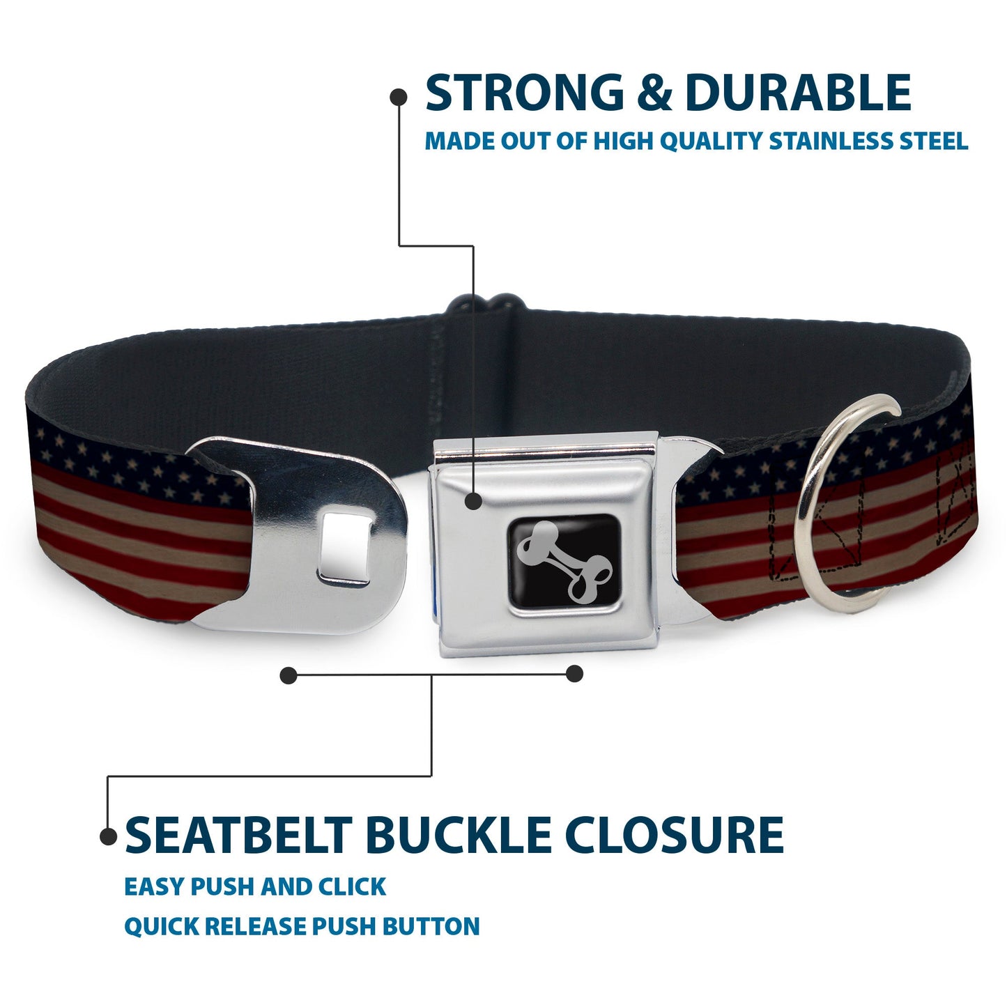 Dog Bone Seatbelt Buckle Collar - United States Flag Stars & Stripes Distressed