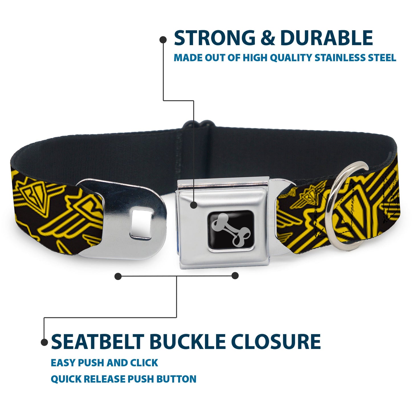 Dog Bone Seatbelt Buckle Collar - BD Logo Scattered Black/Yellow