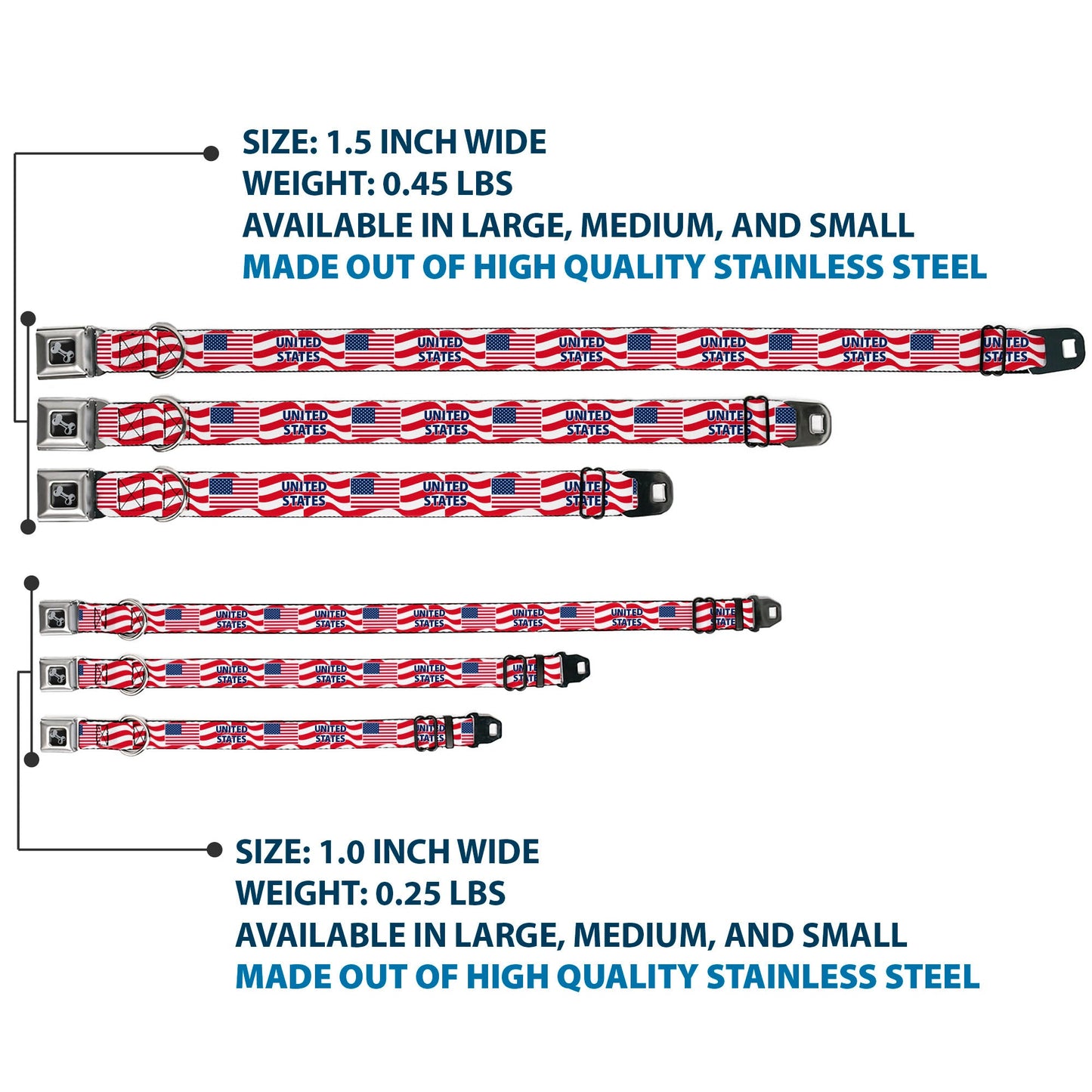 Dog Bone Black/Silver Seatbelt Buckle Collar - Global Soccer Cup Series United States Spirit Flag