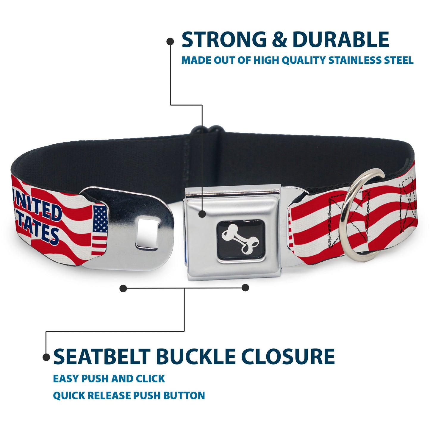 Dog Bone Black/Silver Seatbelt Buckle Collar - Global Soccer Cup Series United States Spirit Flag