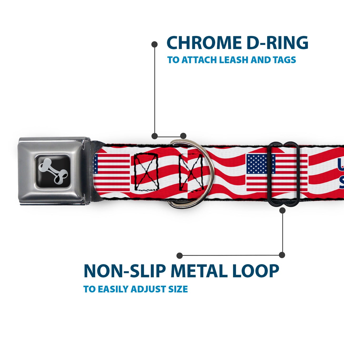 Dog Bone Black/Silver Seatbelt Buckle Collar - Global Soccer Cup Series United States Spirit Flag