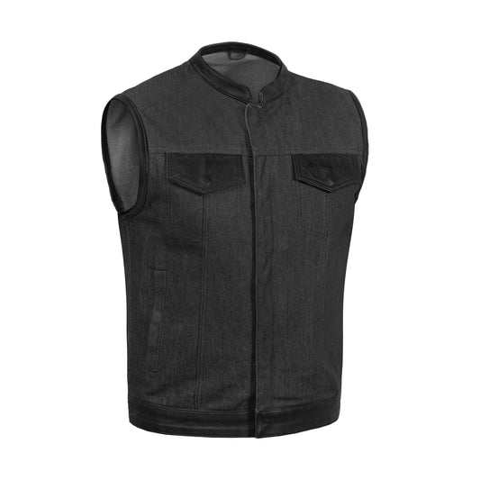 Men's Upgraded Rough Rub-Off Denim Motorcycle Vest w/Leather Trim