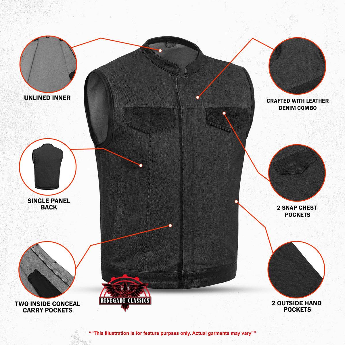 Men's Upgraded Rough Rub-Off Denim Motorcycle Vest w/Leather Trim