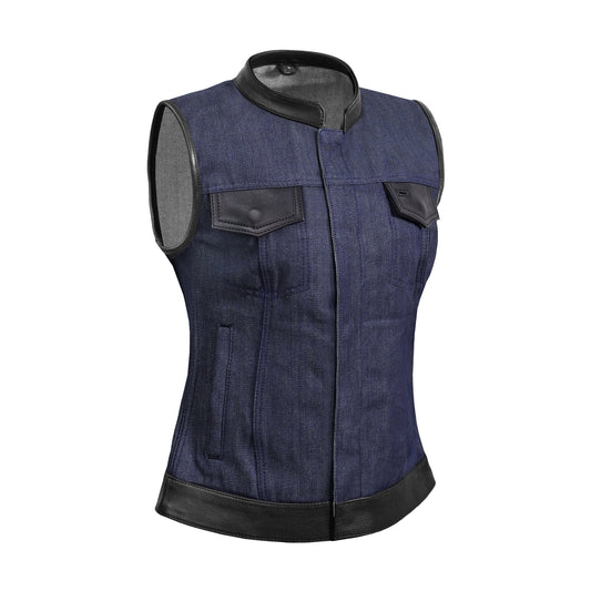 Women's Broken Blue Rough Rub-Off Raw Finish Denim Vest W/Leath