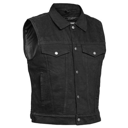 Snap Front Men's Denim Motorcycle Vest  - Black
