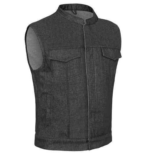 Men's Rough Rub-Off Raw Finish Motorcycle Denim Vest - Black