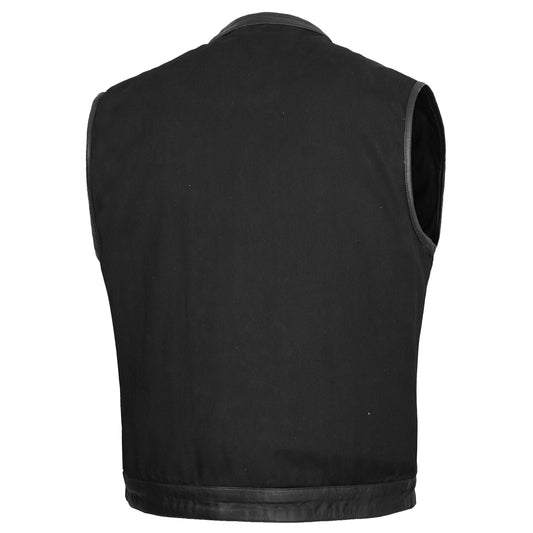 Men's Black Denim Single Panel Concealment Vest W/ Leather Trim