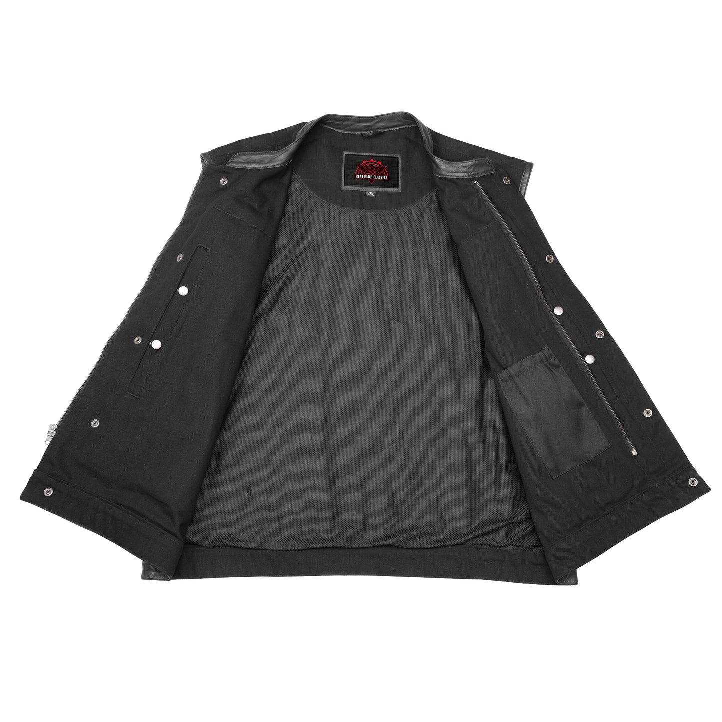 Men's Black Denim Single Panel Concealment Vest W/ Leather Trim