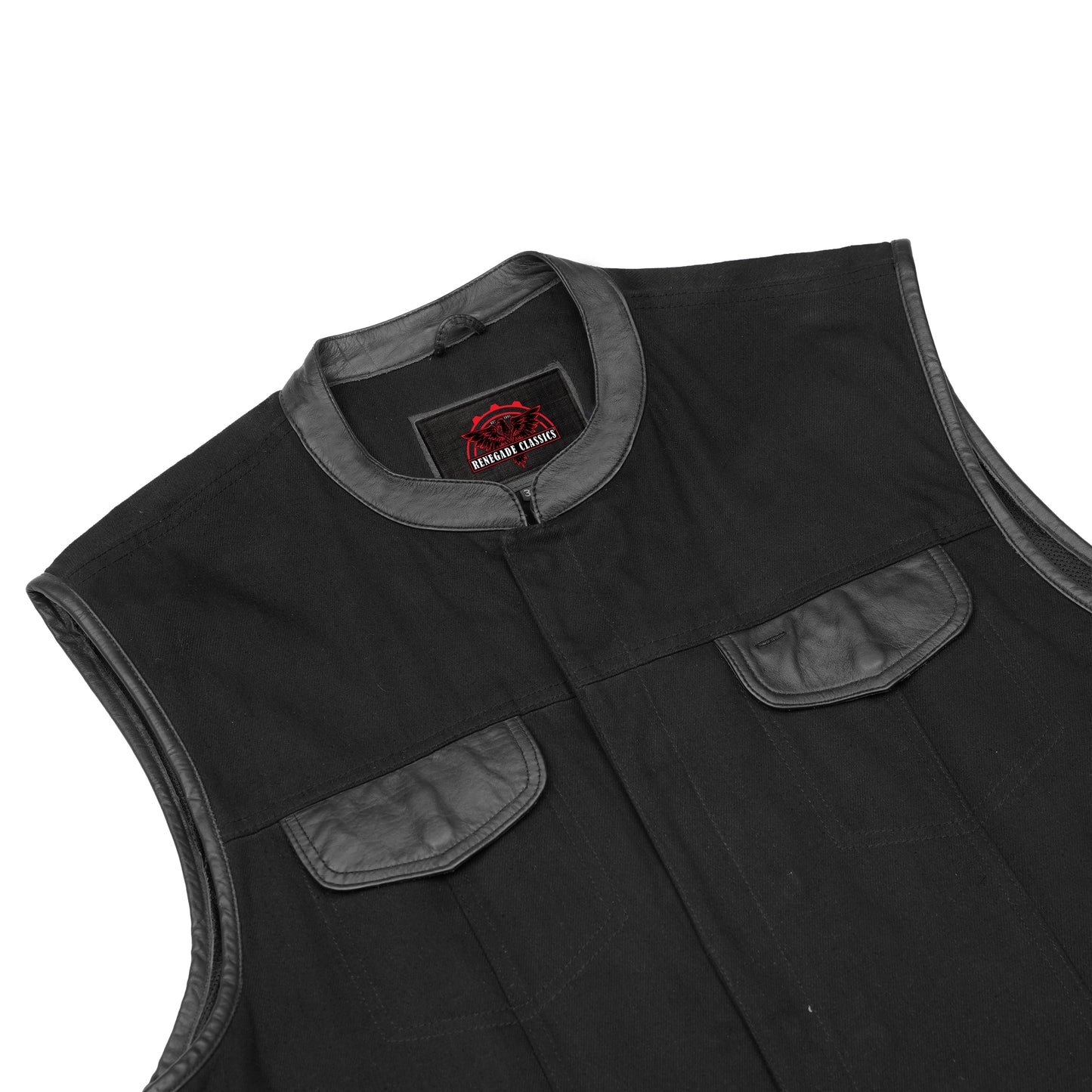 Men's Black Denim Single Panel Concealment Vest W/ Leather Trim