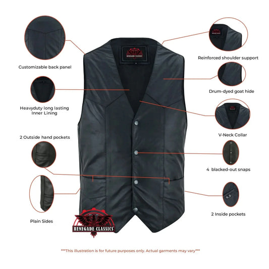 Men's Traditional Light Weight Black Leather Motorcycle Vest