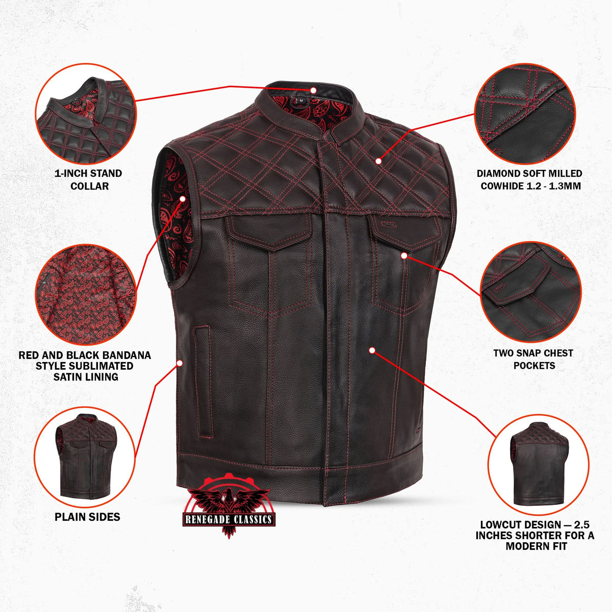 Stonewolf Mens Low Cut Leather Motorcycle Vest