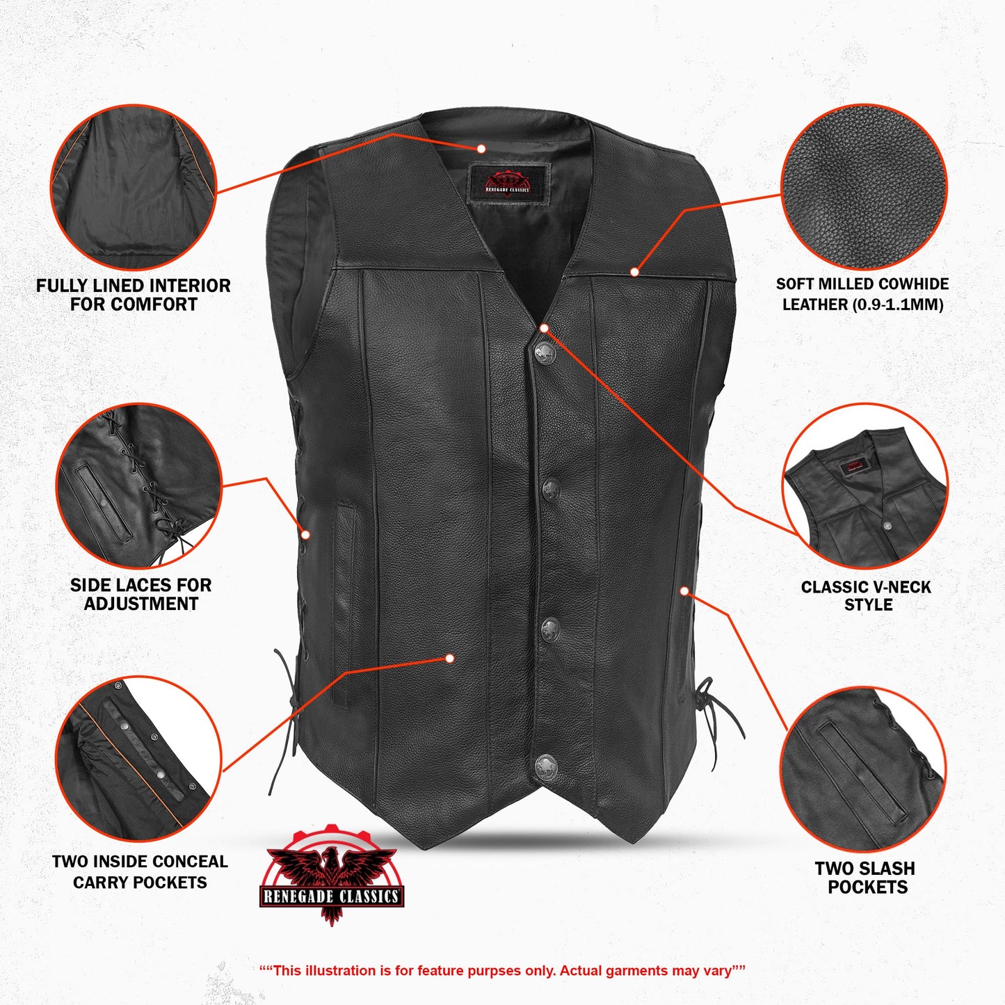 Hawk Men's Classic Black Leather Motorcycle Vest