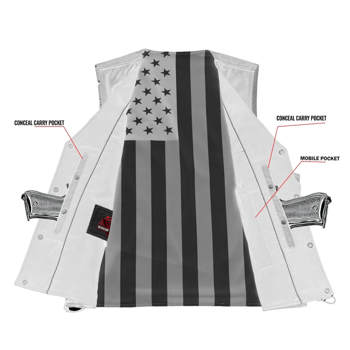 Men's Honor Ride Black Leather Motorcycle Vest with Red Stitching