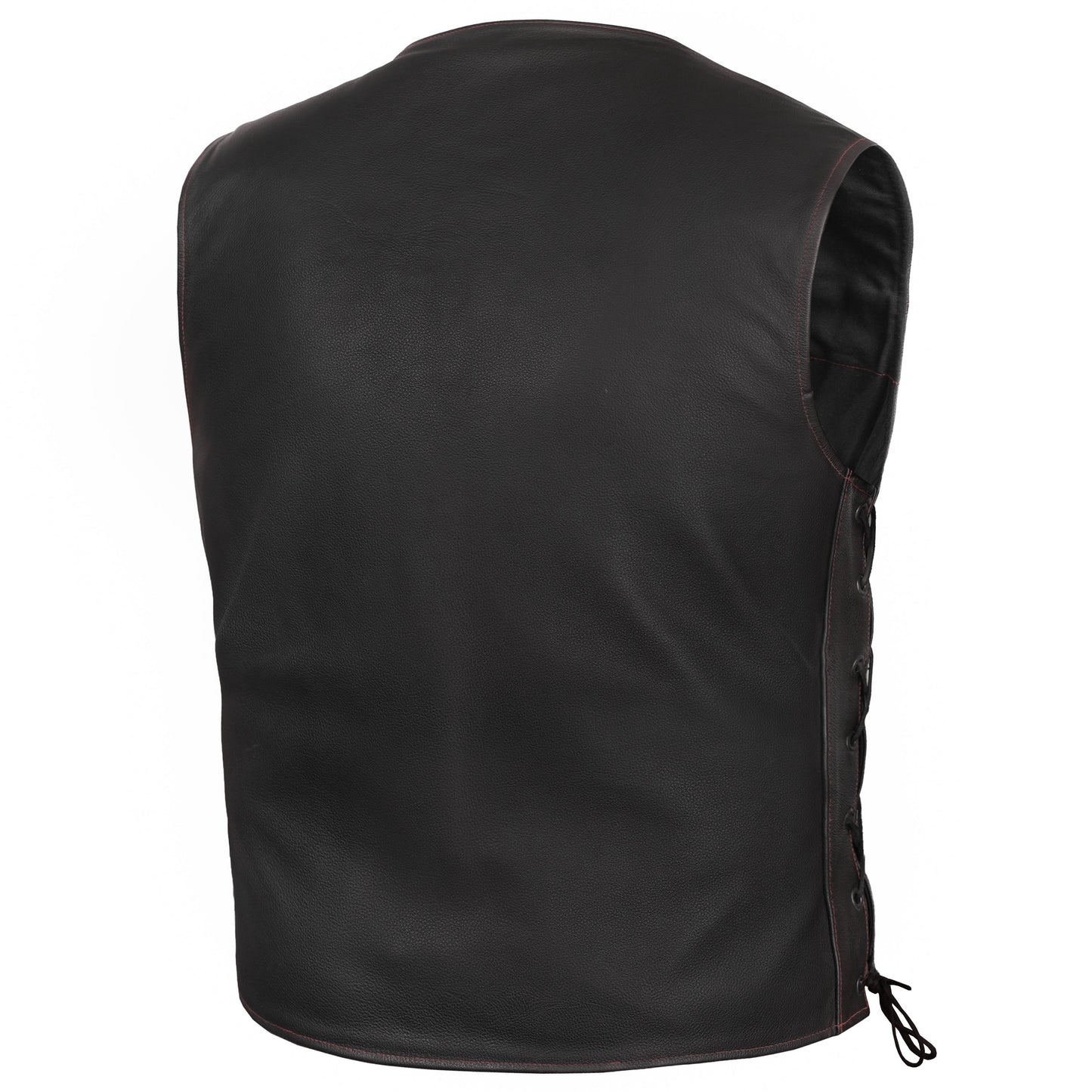 Men's Honor Ride Black Leather Motorcycle Vest with Red Stitching