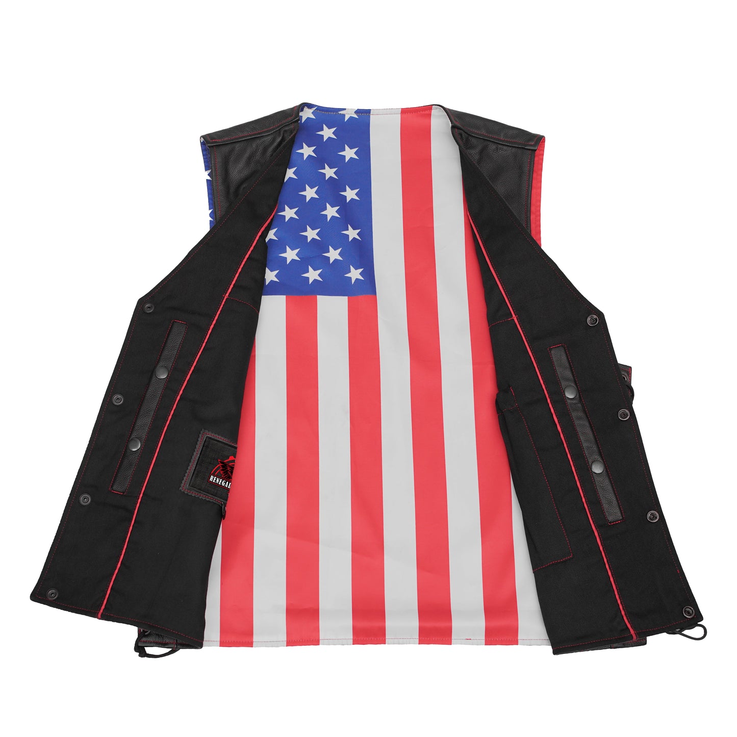 Men's Honor Ride Black Leather Motorcycle Vest with Red Stitching