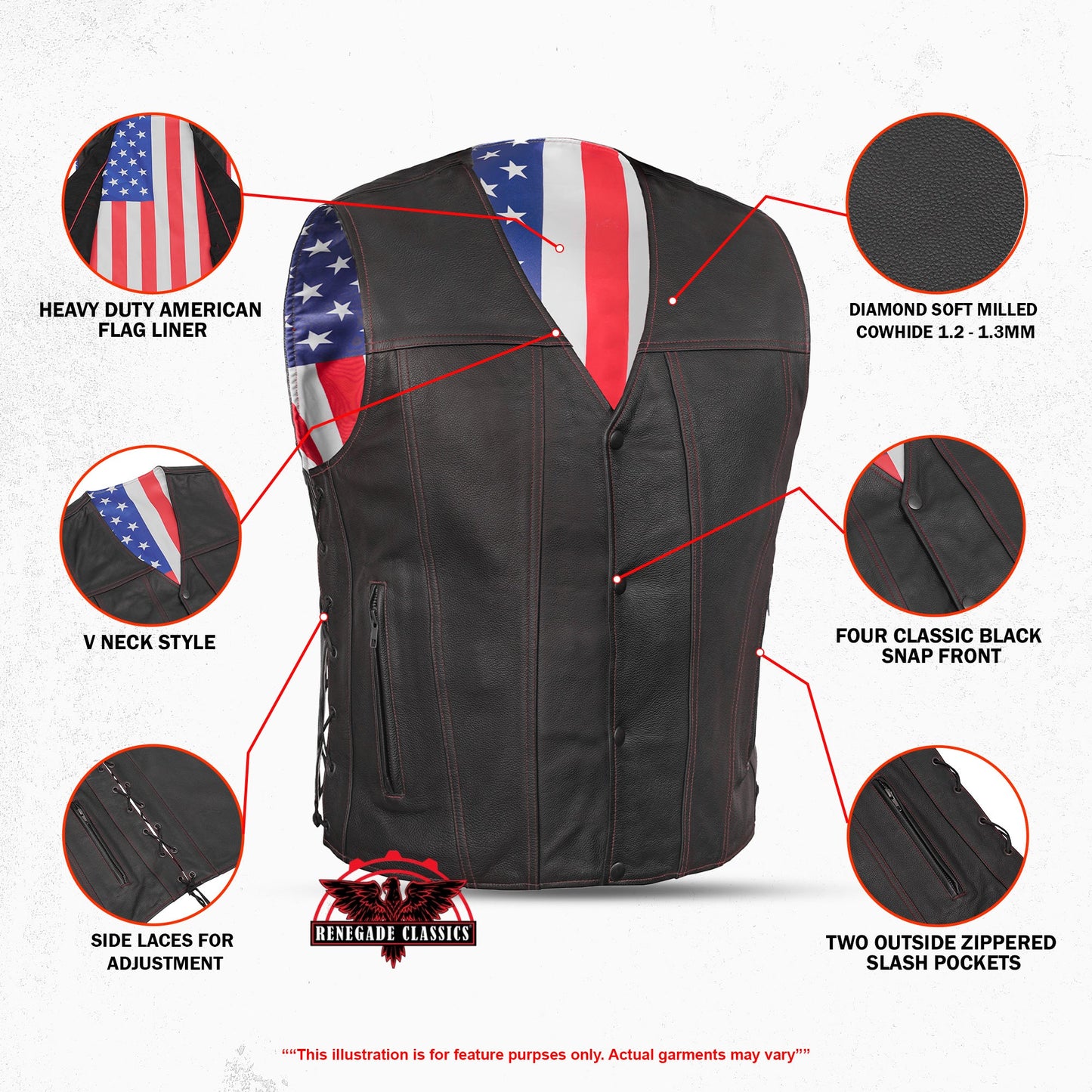 Men's Honor Ride Black Leather Motorcycle Vest with Red Stitching