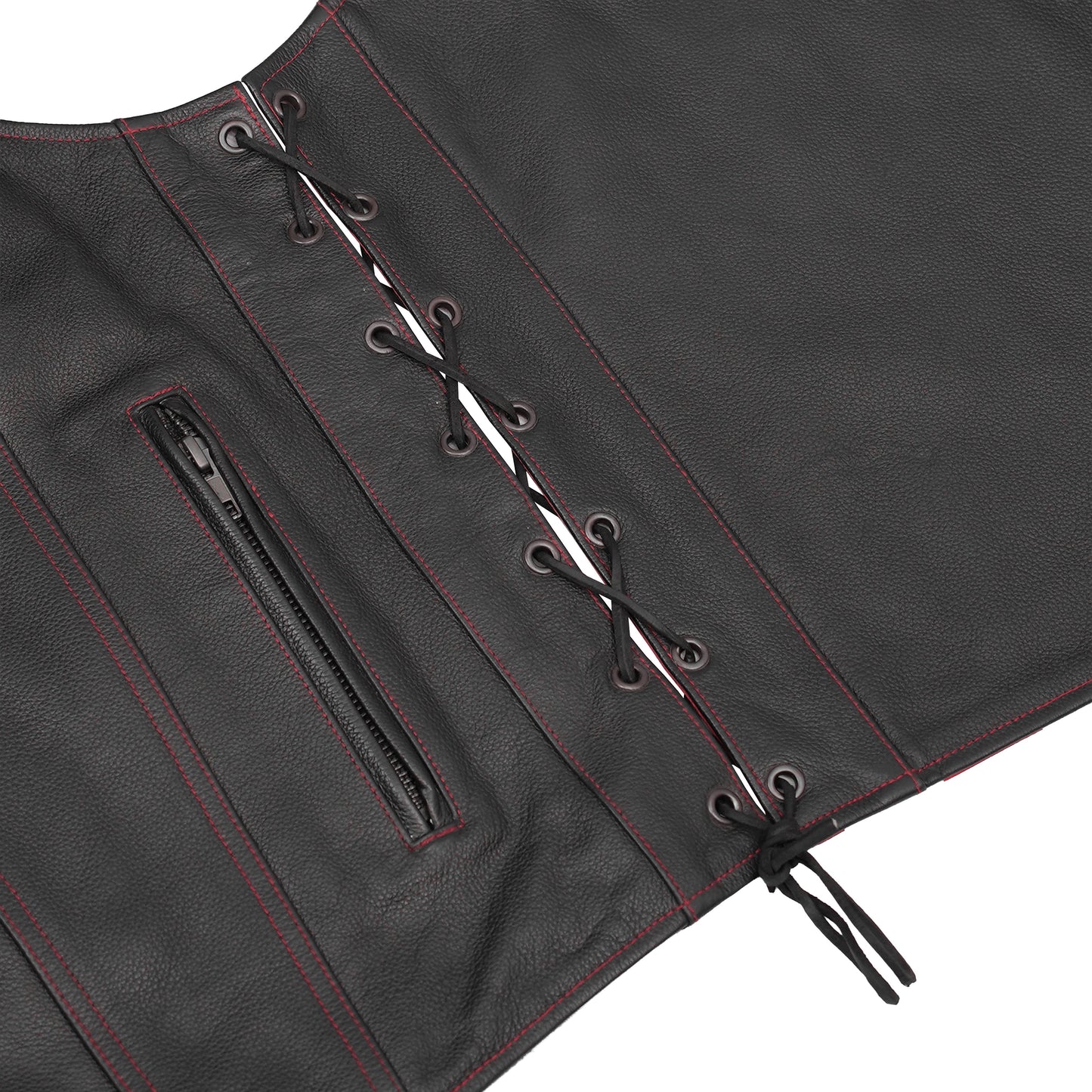 Men's Honor Ride Black Leather Motorcycle Vest with Red Stitching