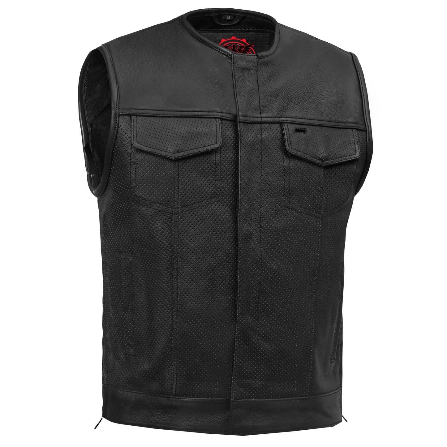 Men's Collarless Perforated Leather Vest - Black