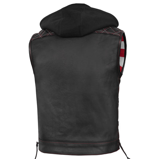 Men's Road Edge Leather Black Vest – Removable Hood