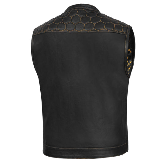 Men's Gold Rush Black Leather Vest - Yellow Stitching