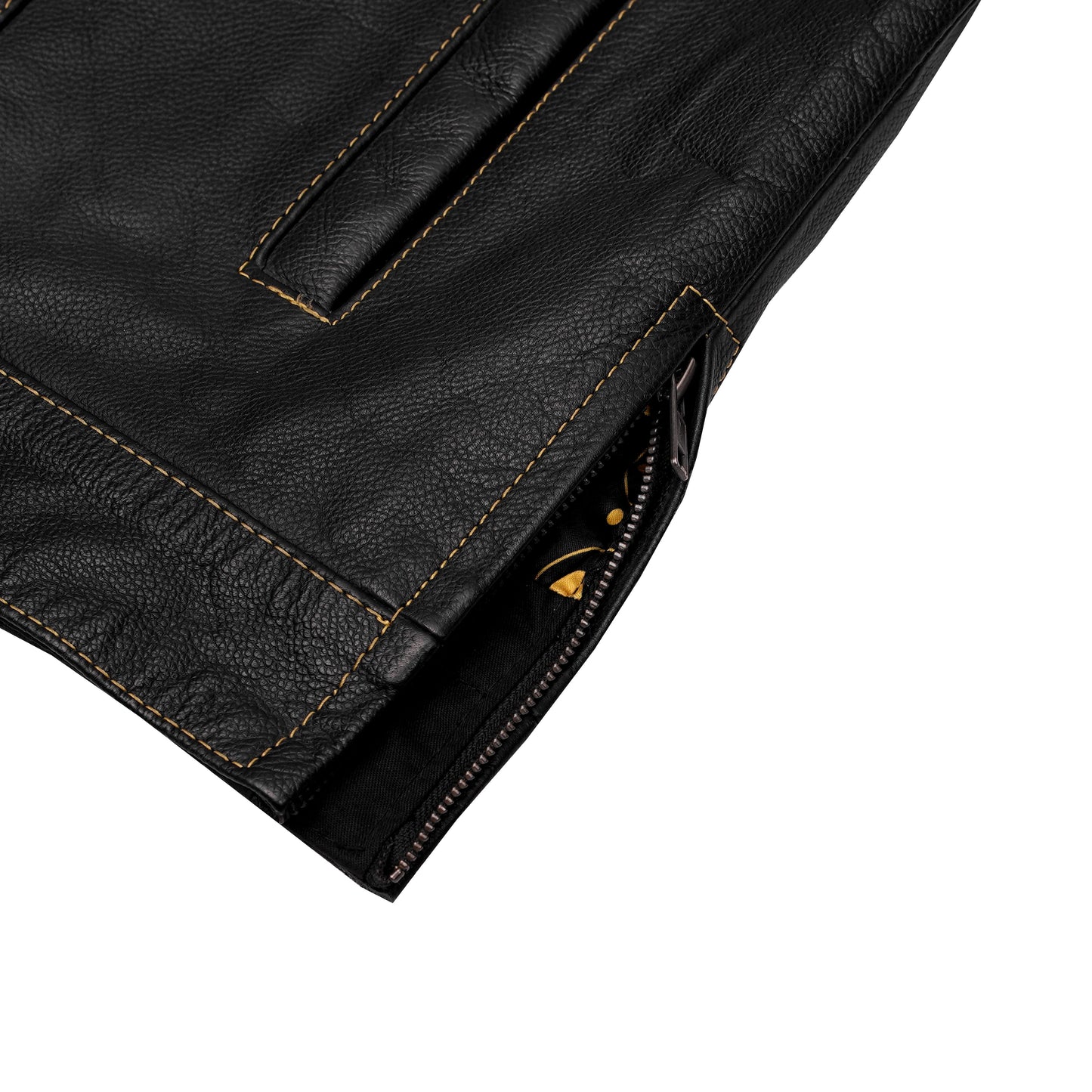 Men's Gold Rush Black Leather Vest - Yellow Stitching