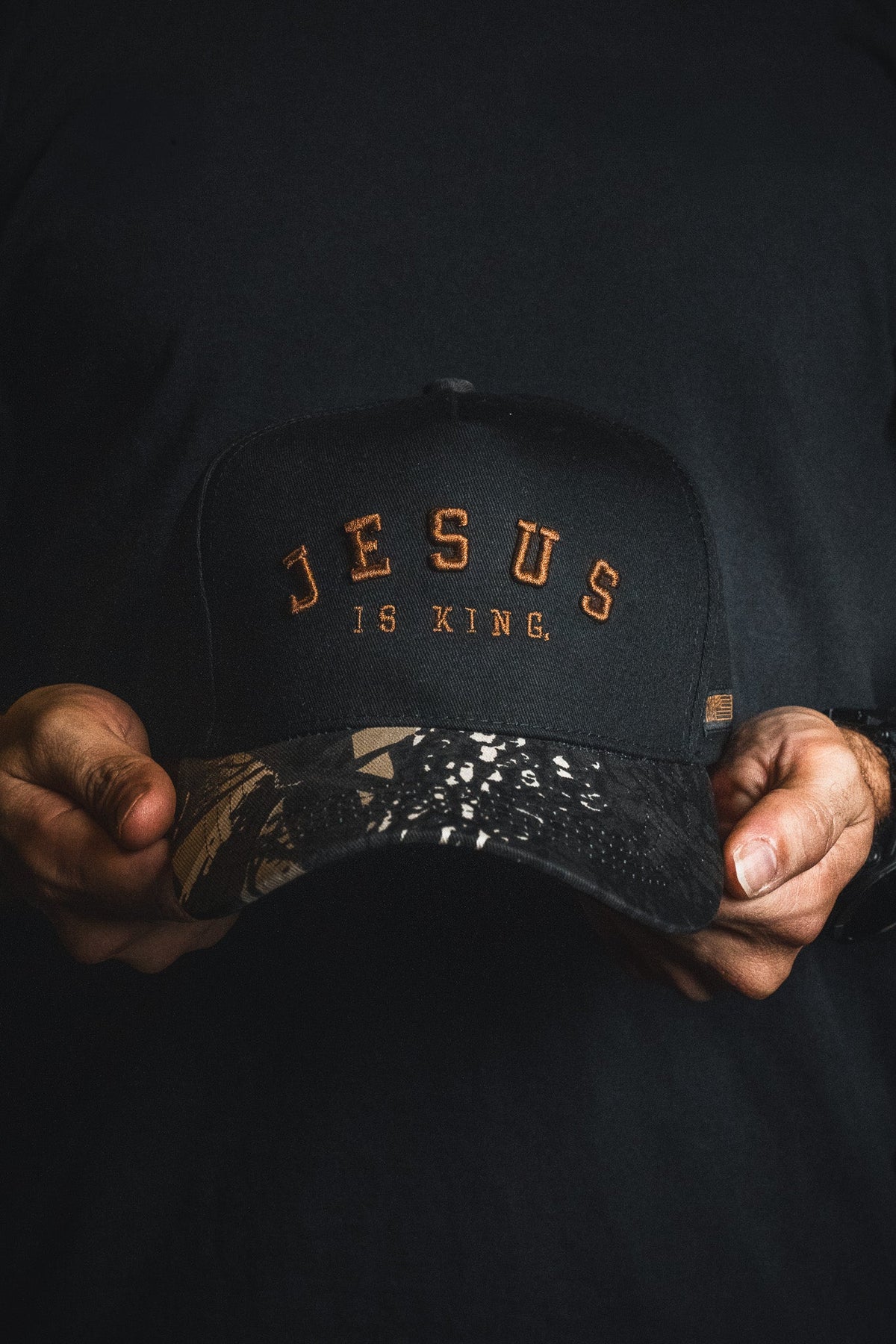 Jesus is King - Black and Darkwood Camo Snapback
