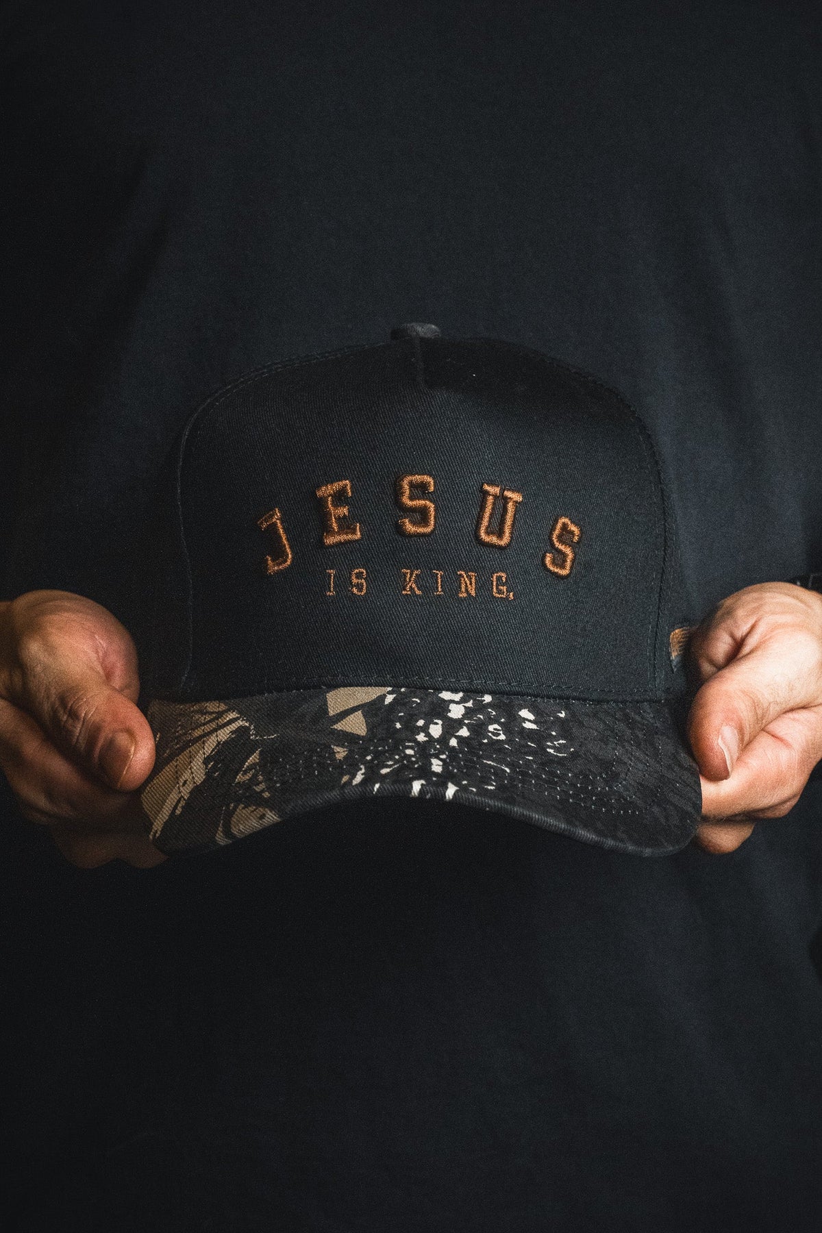 Jesus is King - Black and Darkwood Camo Snapback