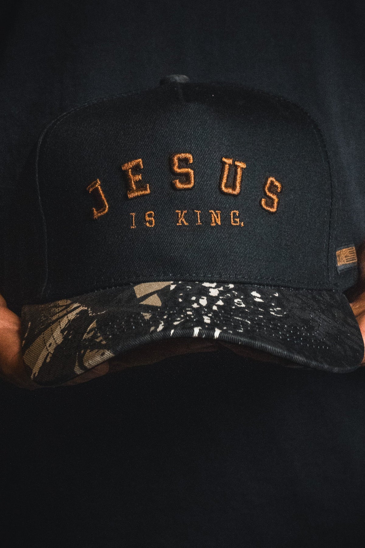 Jesus is King - Black and Darkwood Camo Snapback