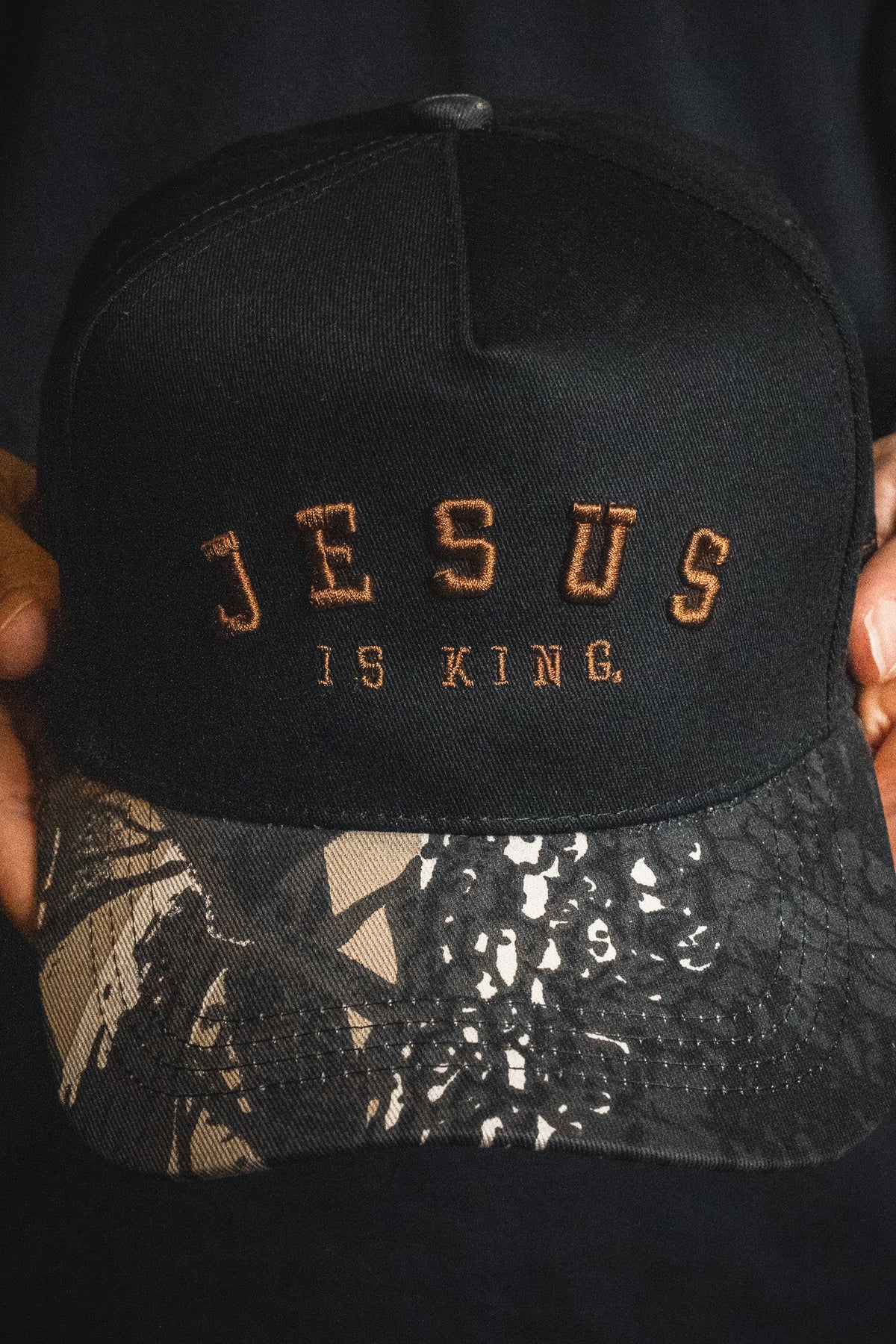 Jesus is King - Black and Darkwood Camo Snapback