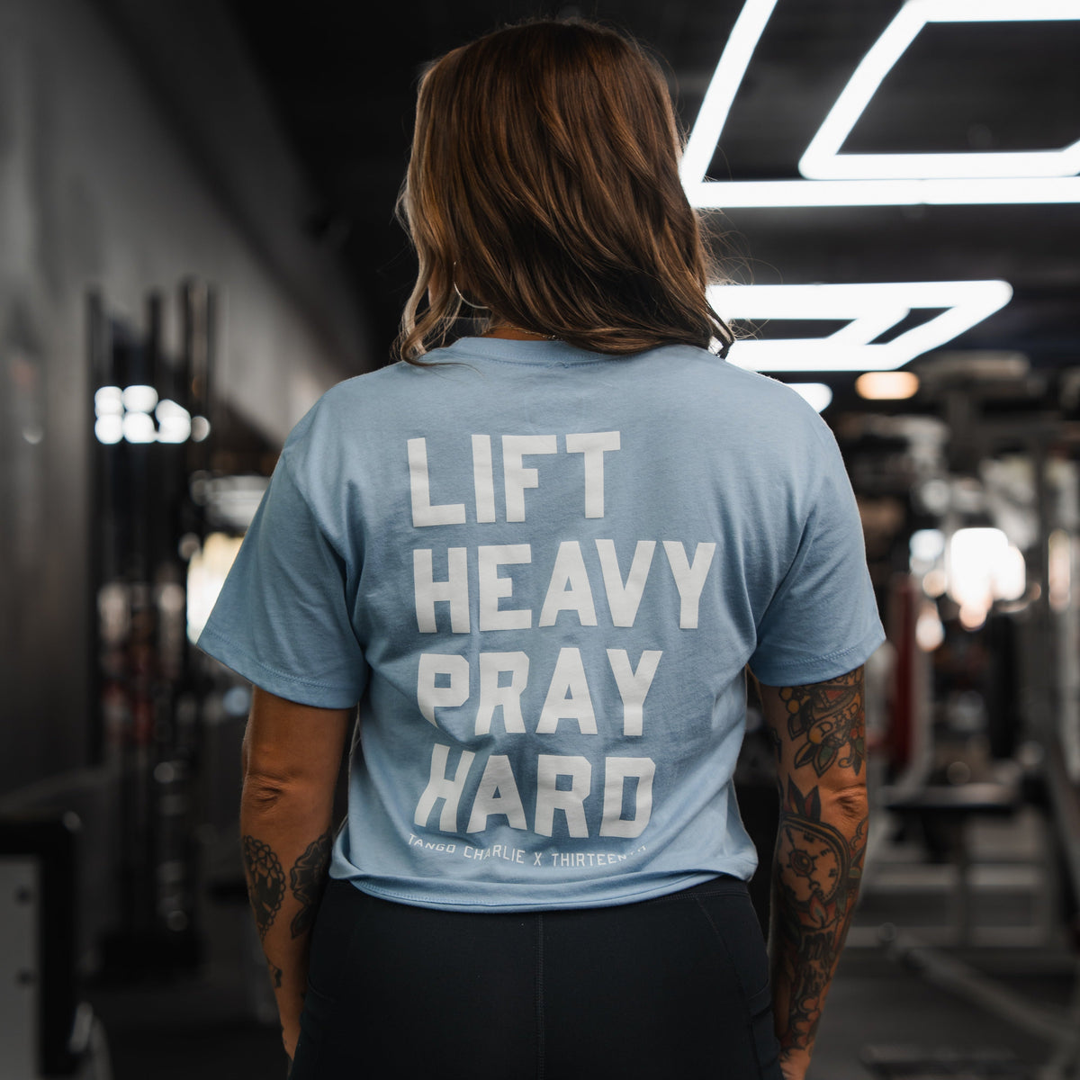 Lift Heavy. Pray Hard. - Baby Blue Women's Crop Tee